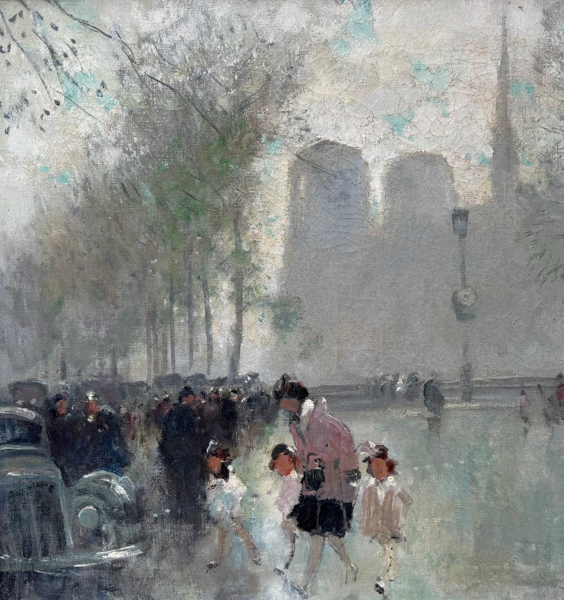 HERVE Jules Peinture impressionniste 20è Paris animation devant Notre Dame Huile Toile signée-photo-4
