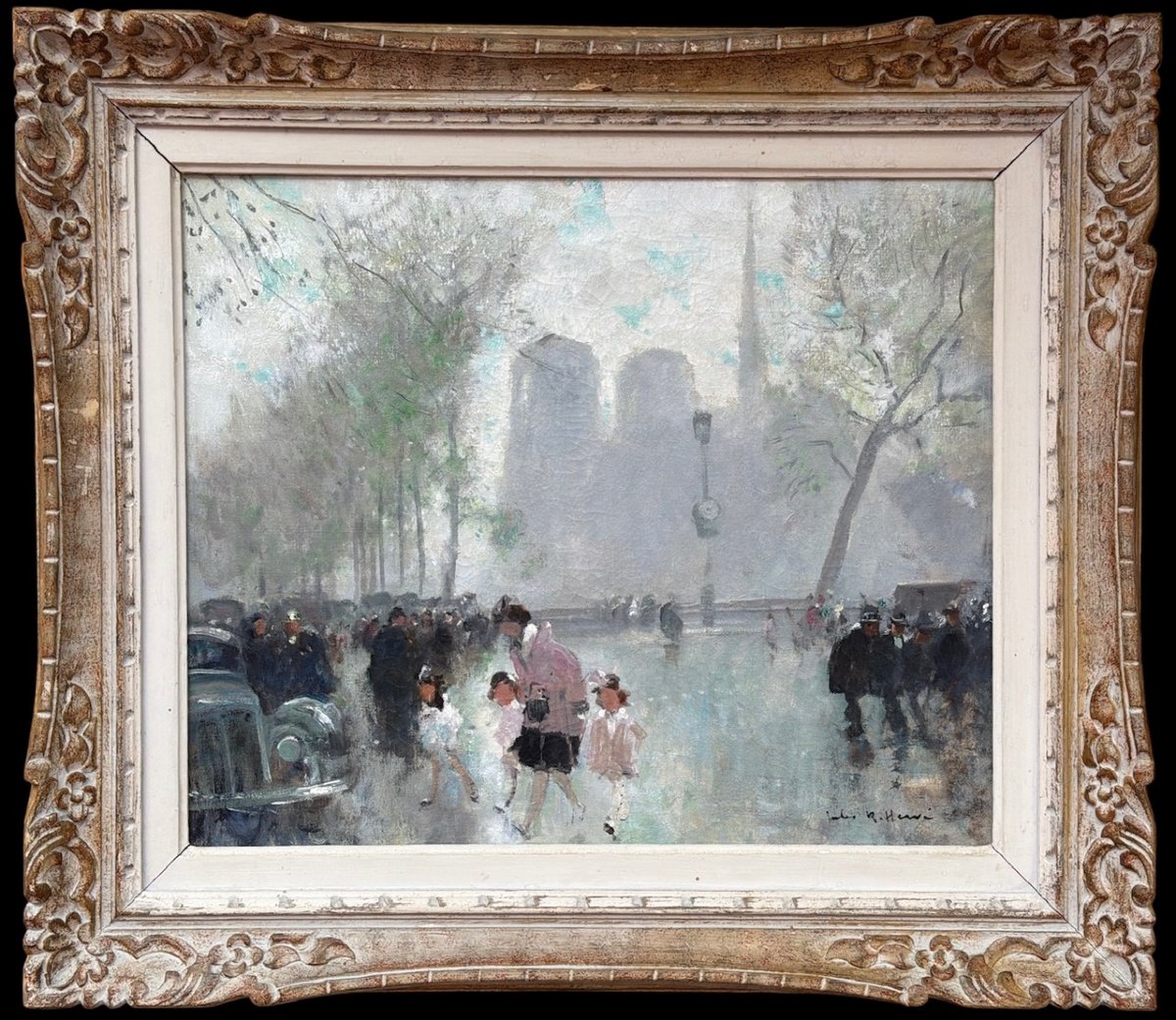 HERVE Jules Peinture impressionniste 20è Paris animation devant Notre Dame Huile Toile signée-photo-2