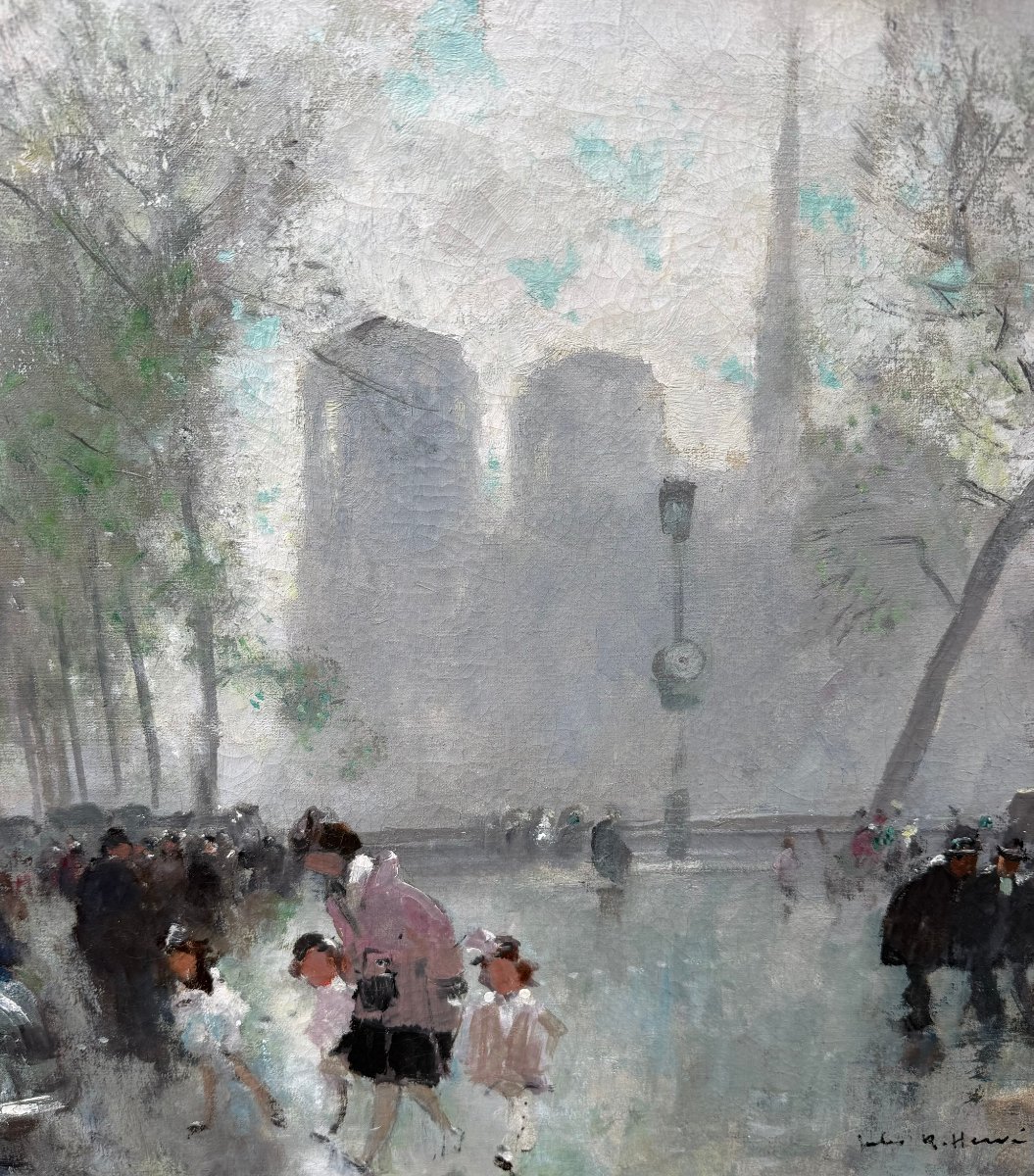HERVE Jules Peinture impressionniste 20è Paris animation devant Notre Dame Huile Toile signée-photo-3