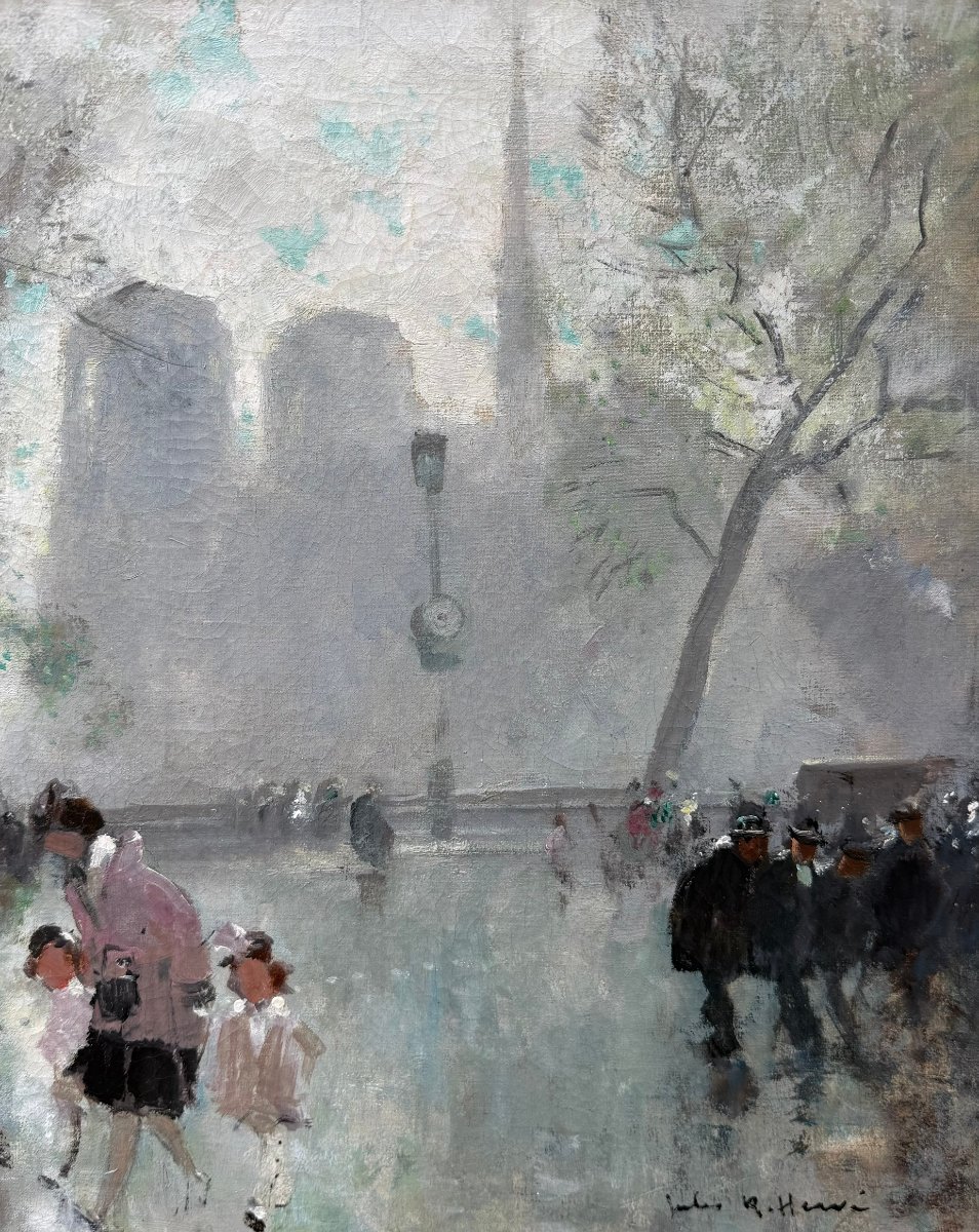 HERVE Jules Peinture impressionniste 20è Paris animation devant Notre Dame Huile Toile signée-photo-4