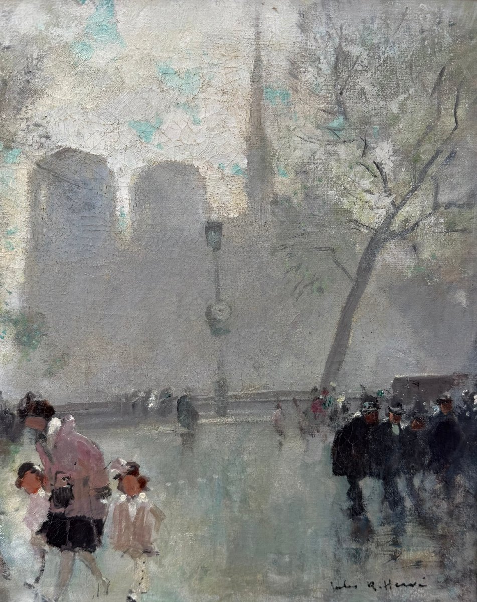 HERVE Jules Peinture impressionniste 20è Paris animation devant Notre Dame Huile Toile signée-photo-1