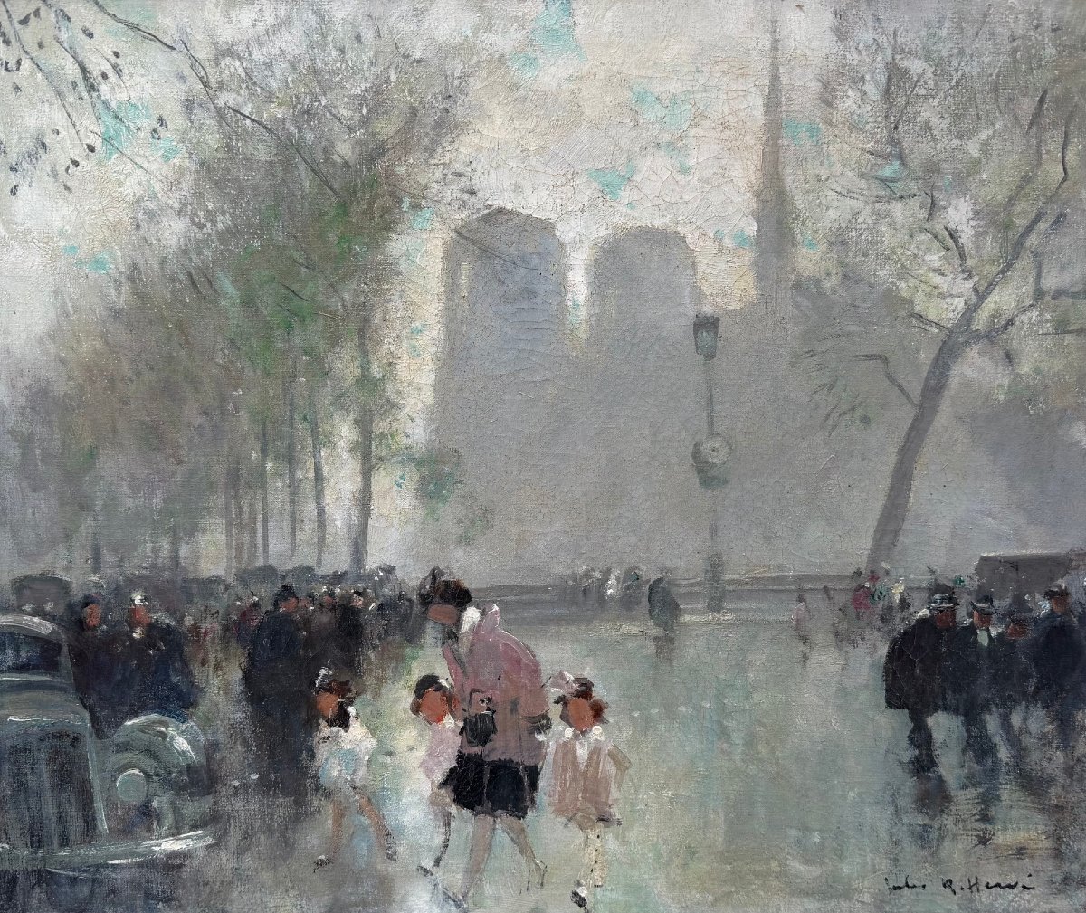 HERVE Jules Peinture impressionniste 20è Paris animation devant Notre Dame Huile Toile signée-photo-2