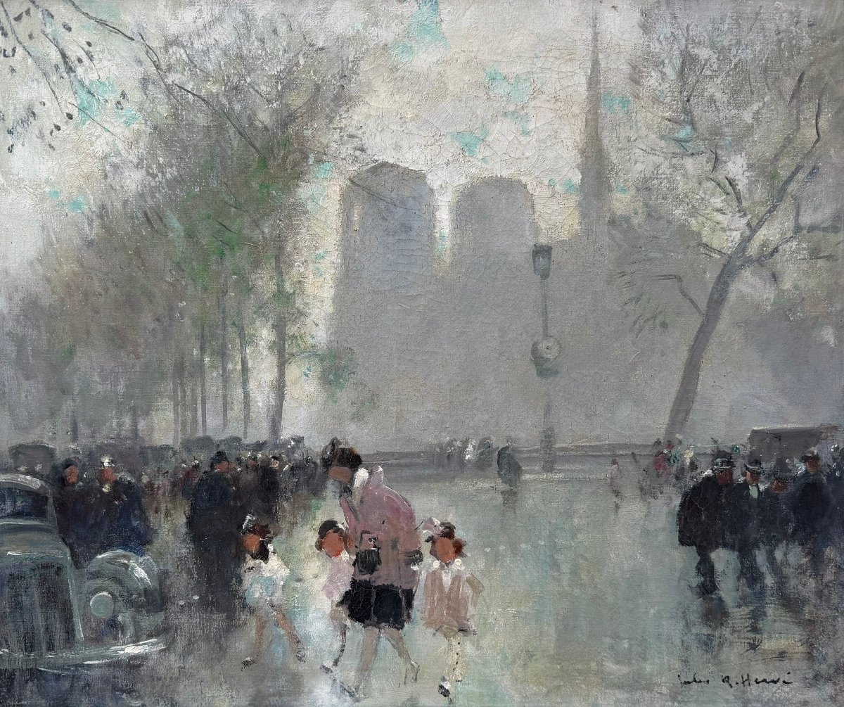 HERVE Jules Peinture impressionniste 20è Paris animation devant Notre Dame Huile Toile signée-photo-3