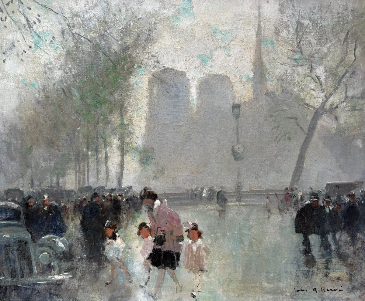 HERVE Jules Peinture impressionniste 20è Paris animation devant Notre Dame Huile Toile signée-photo-4