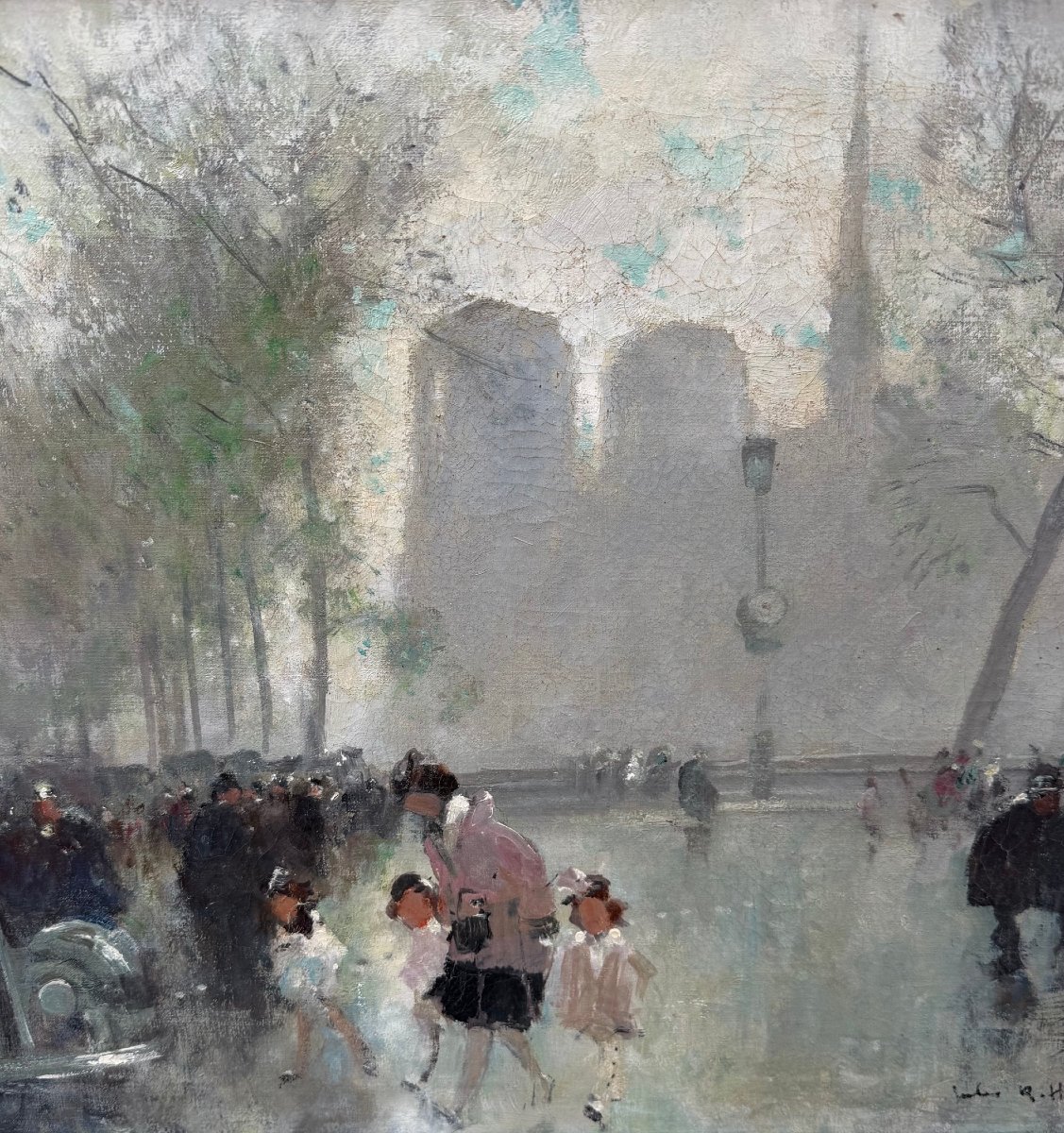 HERVE Jules Peinture impressionniste 20è Paris animation devant Notre Dame Huile Toile signée-photo-6