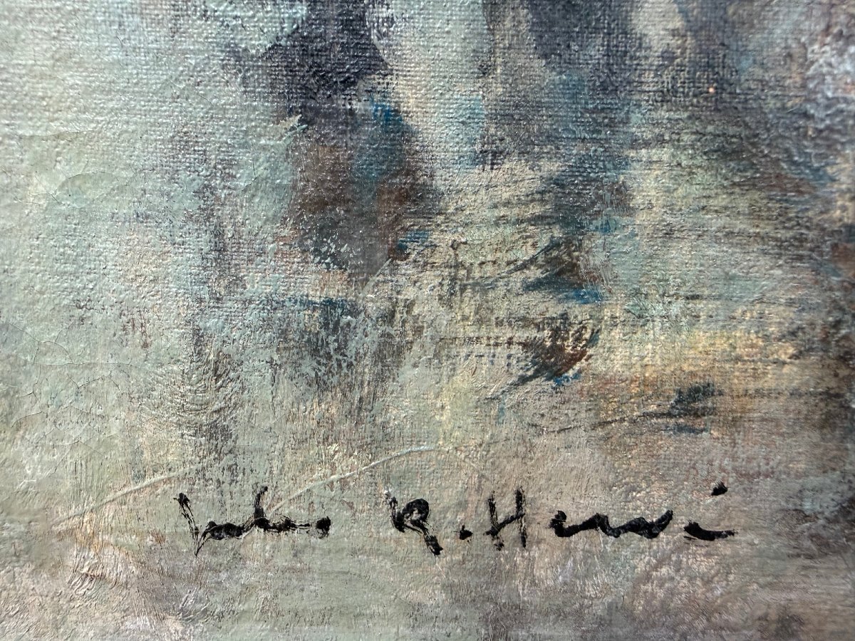 HERVE Jules Peinture impressionniste 20è Paris animation devant Notre Dame Huile Toile signée-photo-7