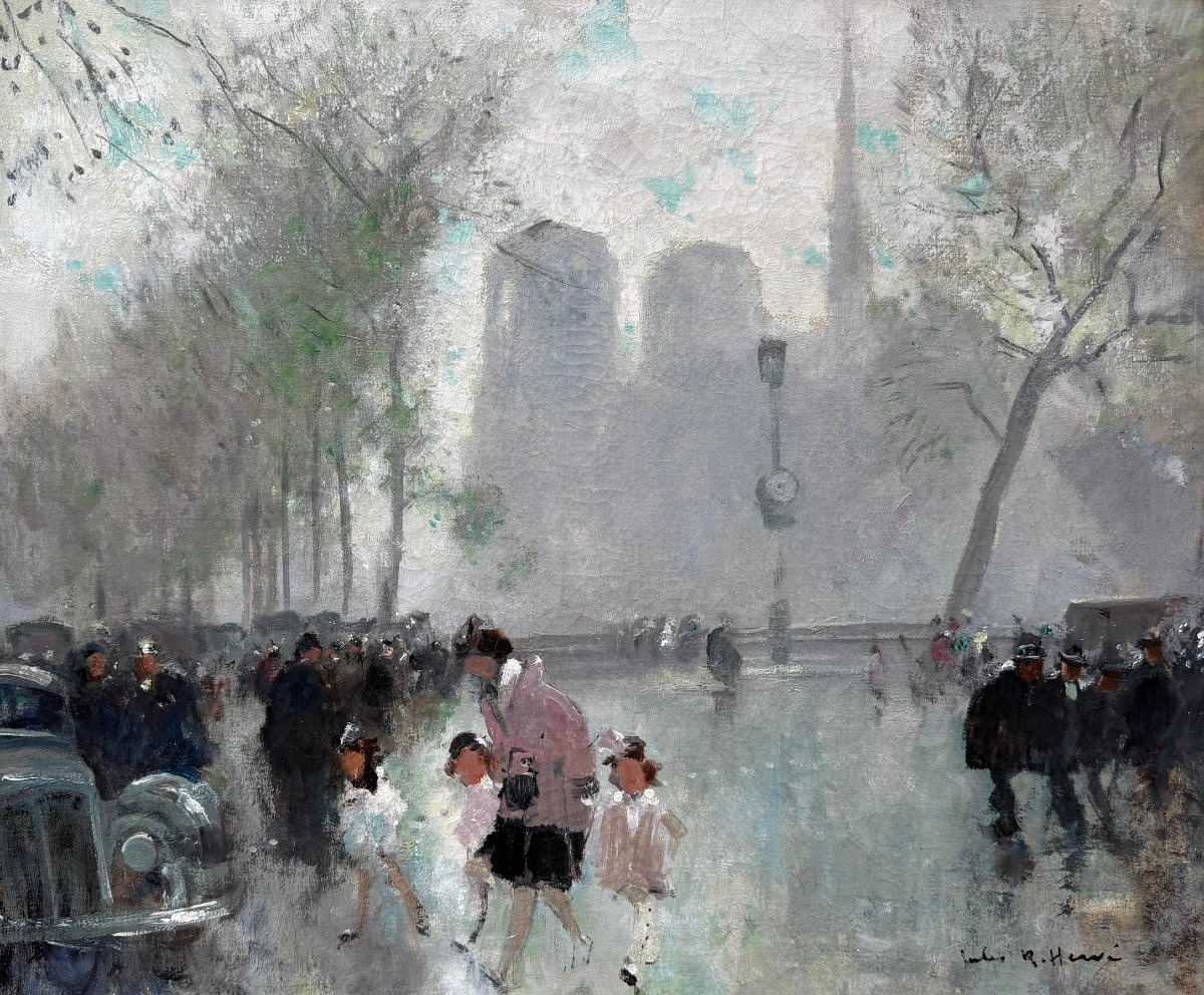 HERVE Jules Peinture impressionniste 20è Paris animation devant Notre Dame Huile Toile signée-photo-1