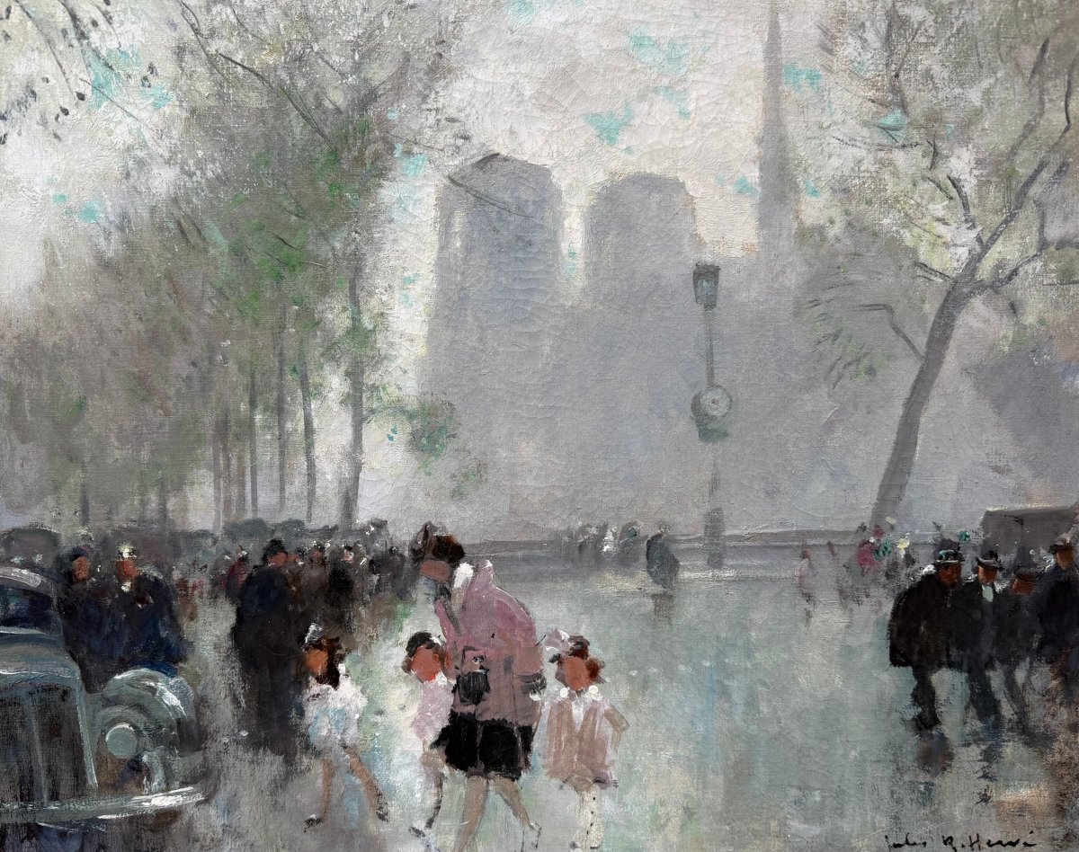 HERVE Jules Peinture impressionniste 20è Paris animation devant Notre Dame Huile Toile signée-photo-2