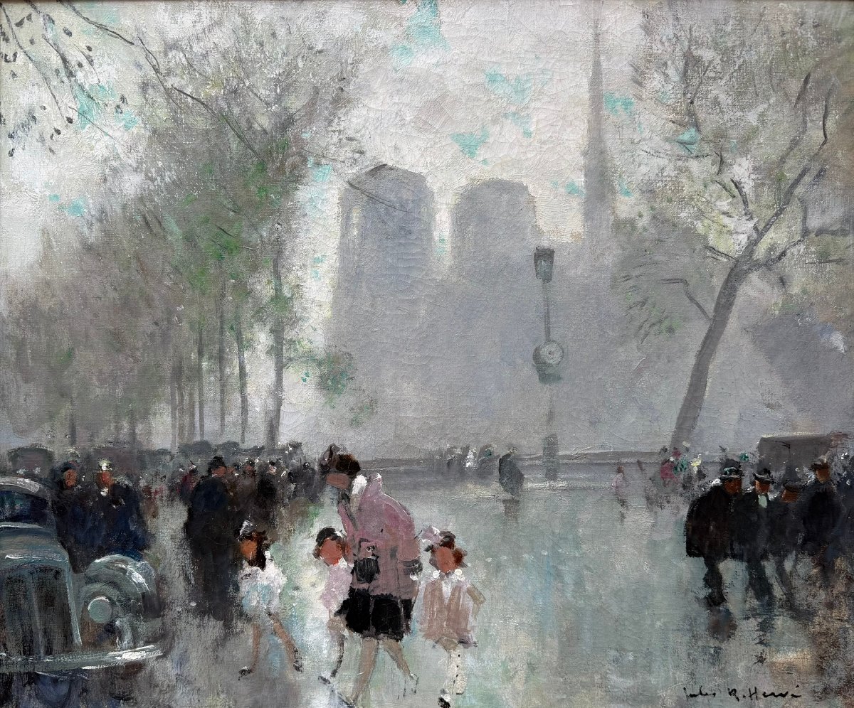 HERVE Jules Peinture impressionniste 20è Paris animation devant Notre Dame Huile Toile signée-photo-3