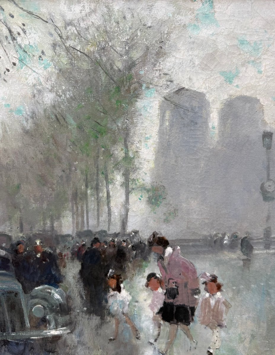 HERVE Jules Peinture impressionniste 20è Paris animation devant Notre Dame Huile Toile signée-photo-4