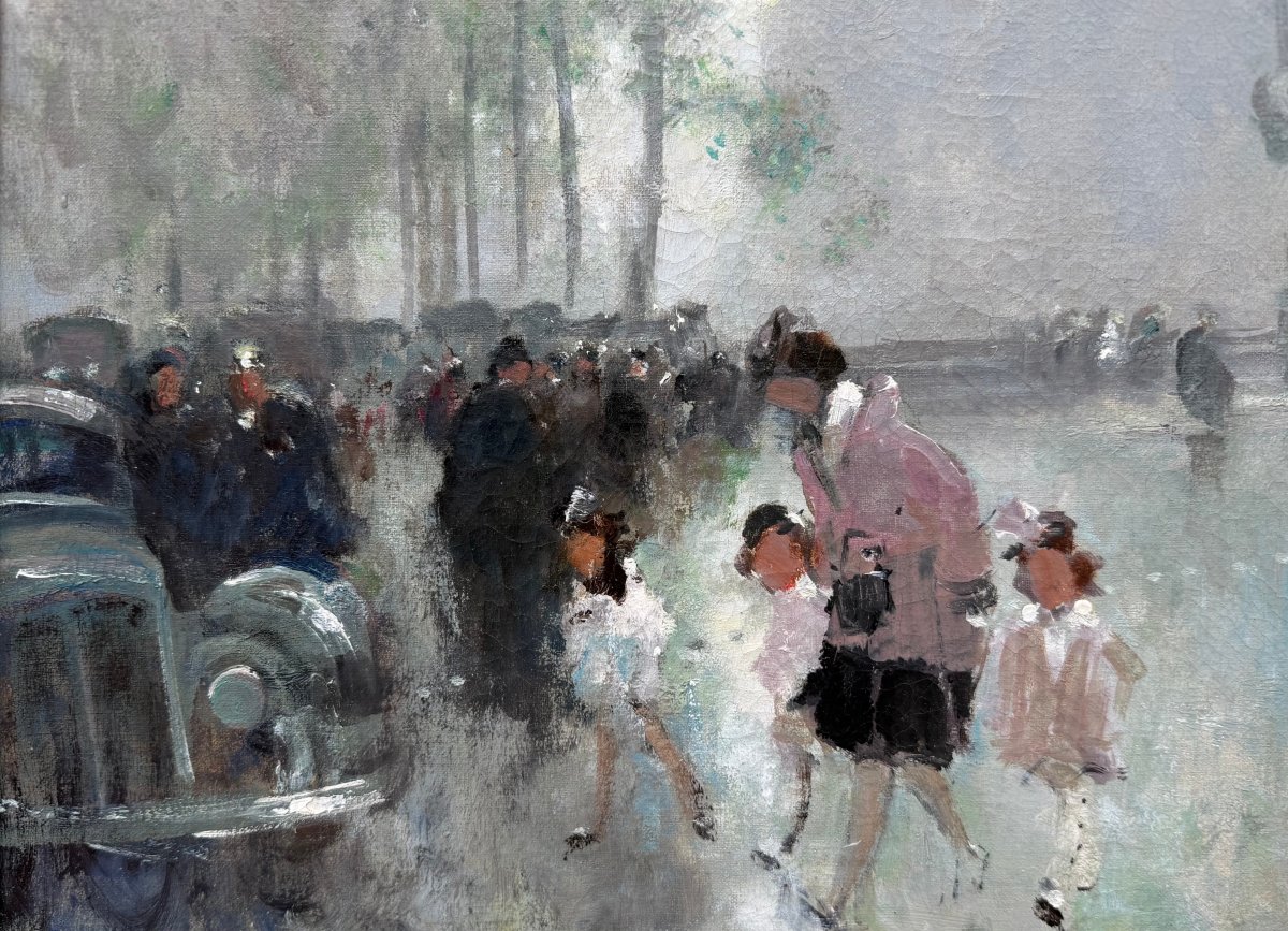 HERVE Jules Peinture impressionniste 20è Paris animation devant Notre Dame Huile Toile signée-photo-5