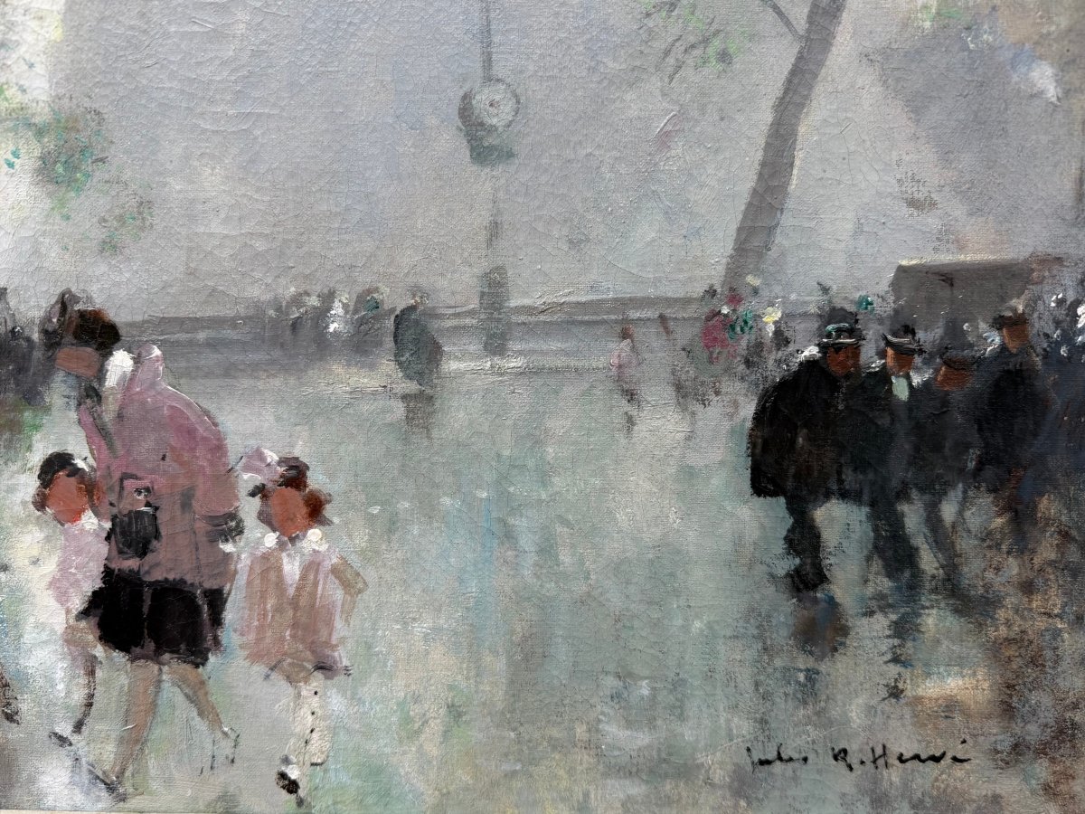 HERVE Jules Peinture impressionniste 20è Paris animation devant Notre Dame Huile Toile signée-photo-6