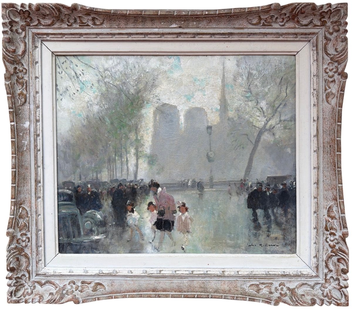 HERVE Jules Peinture impressionniste 20è Paris animation devant Notre Dame Huile Toile signée