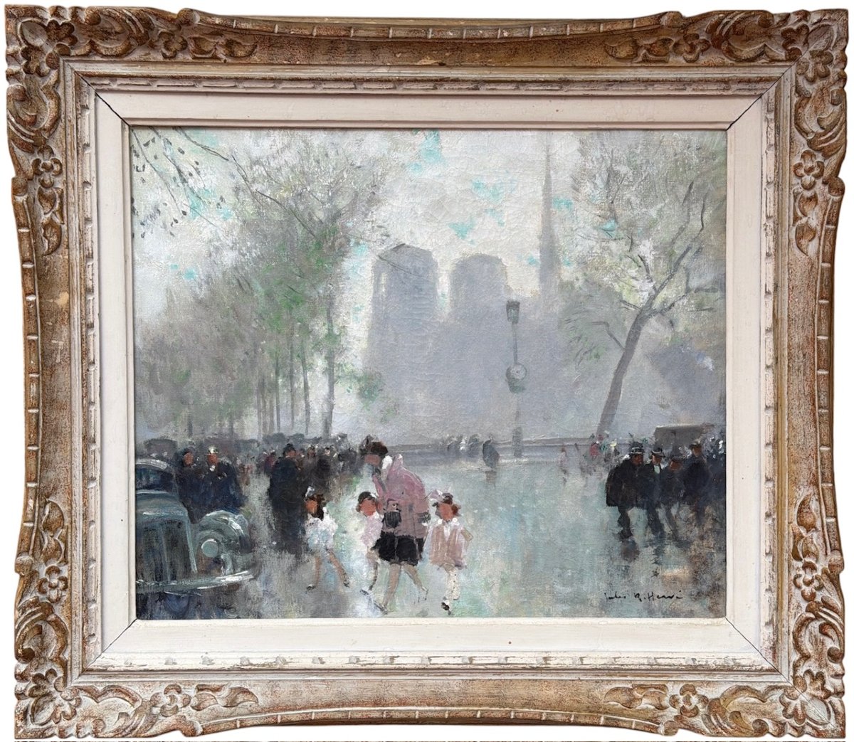 HERVE Jules Peinture impressionniste 20è Paris animation devant Notre Dame Huile Toile signée