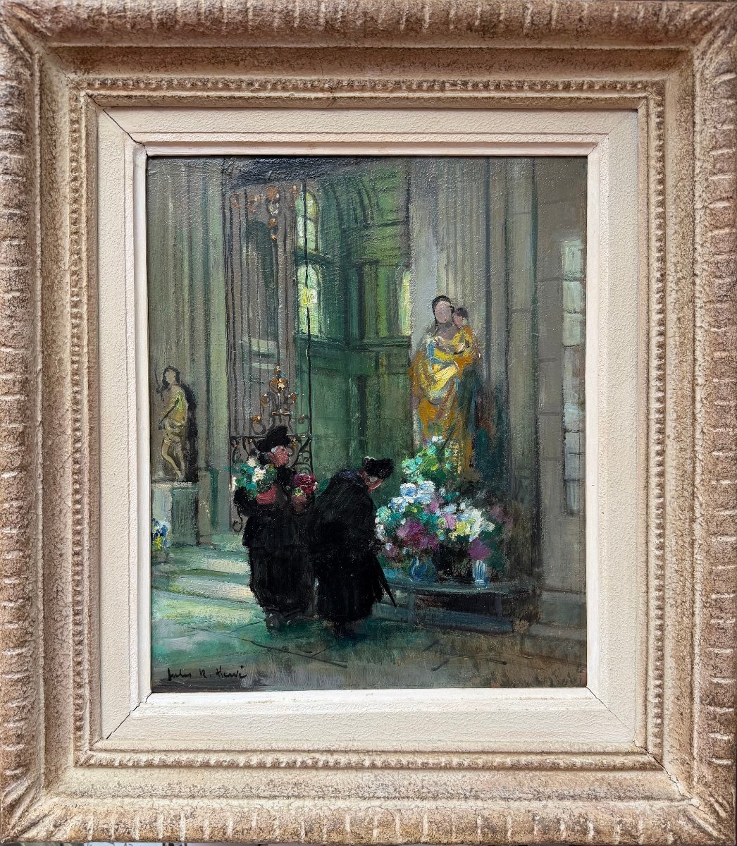 HERVE Jules Tableau Impressionniste XX Les bigotes à l'église à Langres Huile signée Certificat