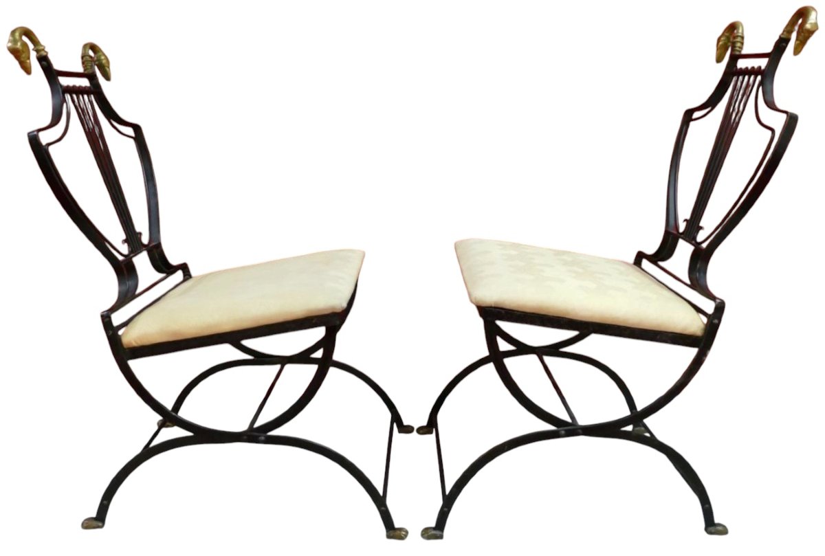 Paire de chaises style Art Déco  XXe siècle en fer forgé attribué à Samuel Copelon pour Jansen-photo-3