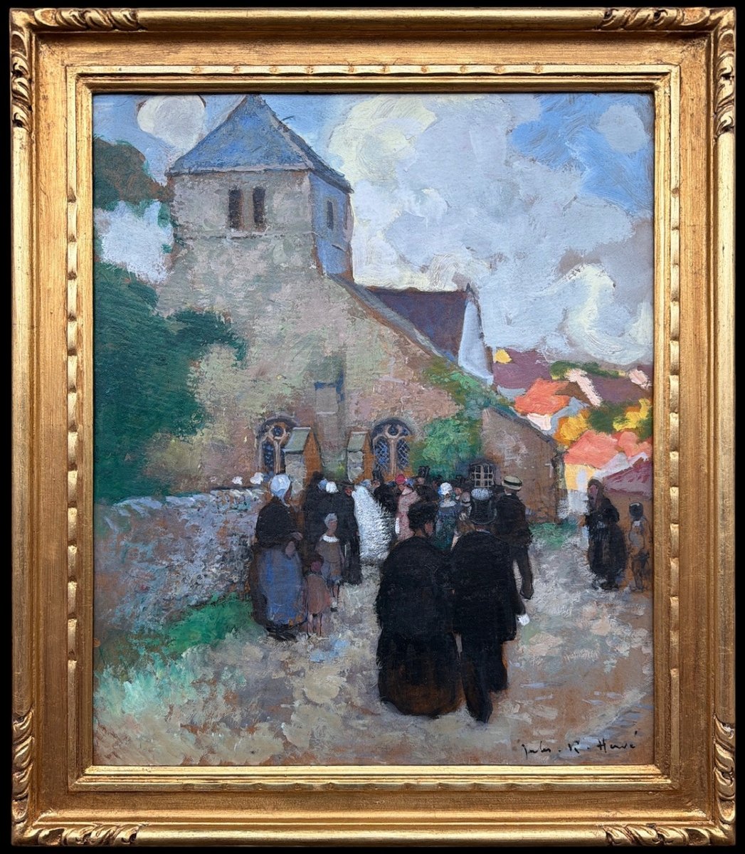 HERVE Jules Tableau Impressionniste XXè L'arrivée des mariés à l'église Huile signée Certificat-photo-2