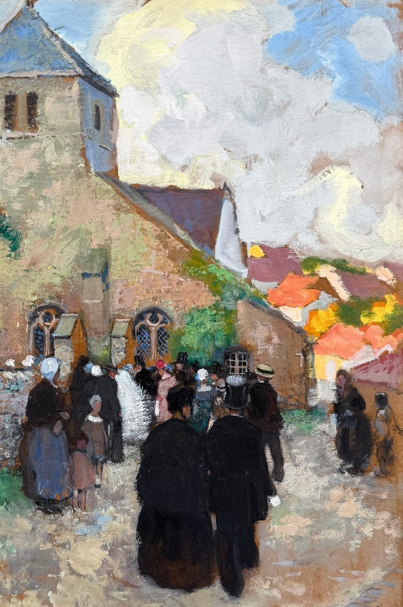 HERVE Jules Tableau Impressionniste XXè L'arrivée des mariés à l'église Huile signée Certificat-photo-4