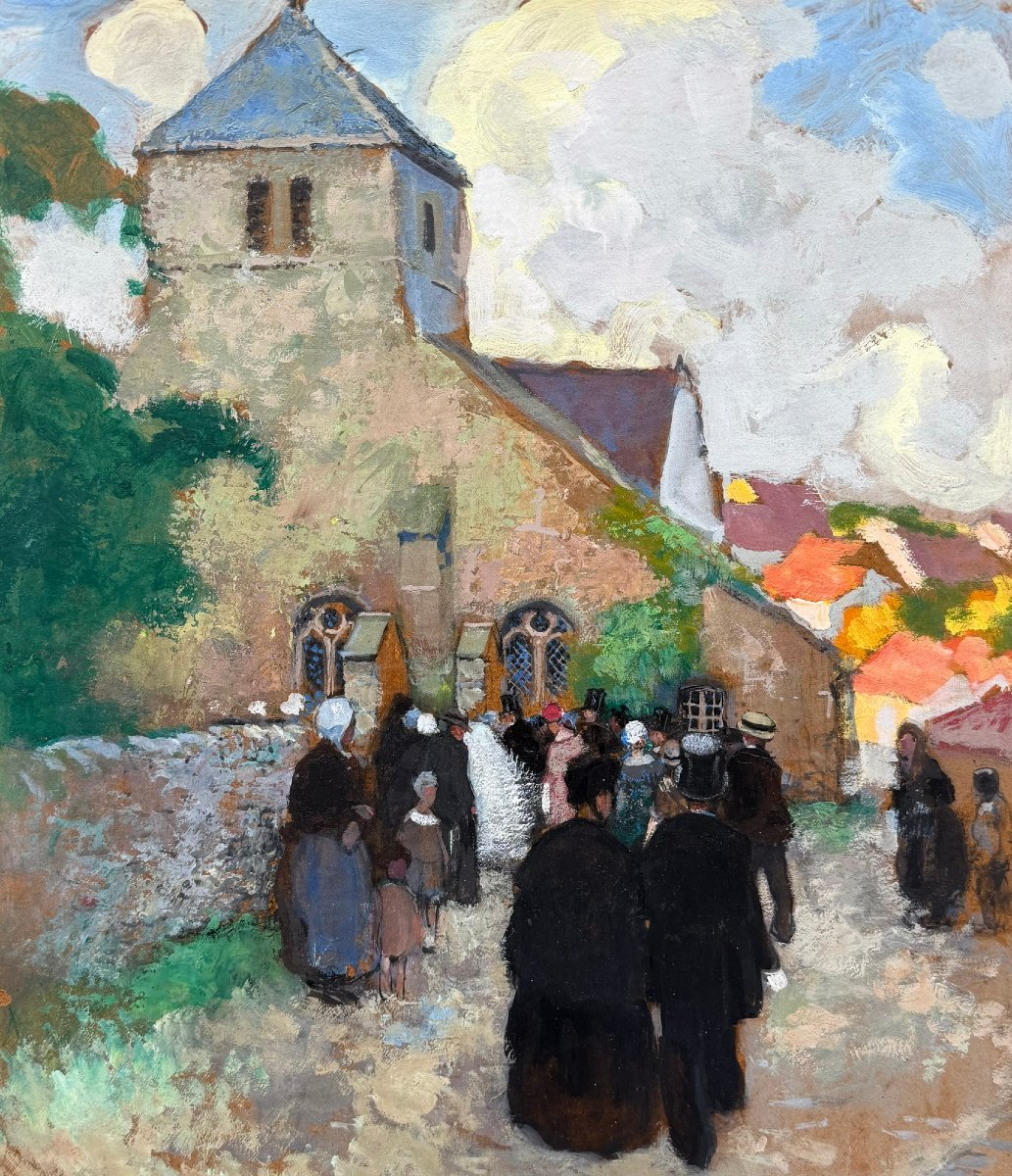 HERVE Jules Tableau Impressionniste XXè L'arrivée des mariés à l'église Huile signée Certificat-photo-2