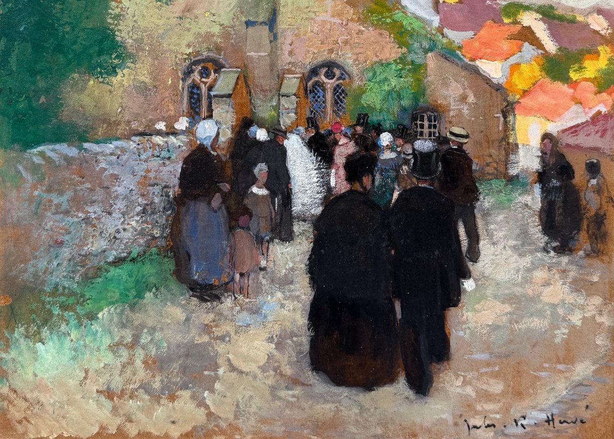 HERVE Jules Tableau Impressionniste XXè L'arrivée des mariés à l'église Huile signée Certificat-photo-3