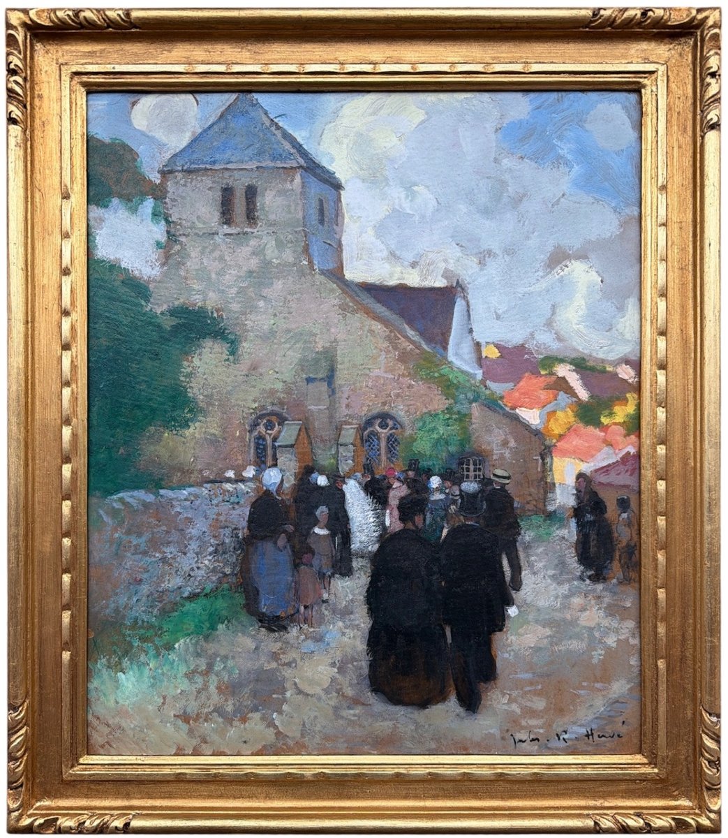 HERVE Jules Tableau Impressionniste XXè L'arrivée des mariés à l'église Huile signée Certificat