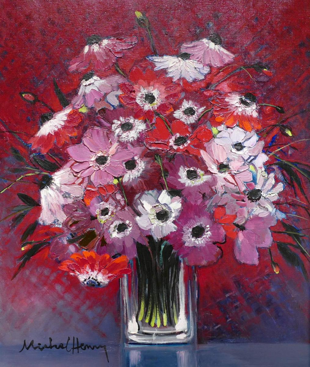 Michel Henry Tableau 20 è Siecle Anemones De France Huile Sur Toile Signee Art Moderne-photo-2