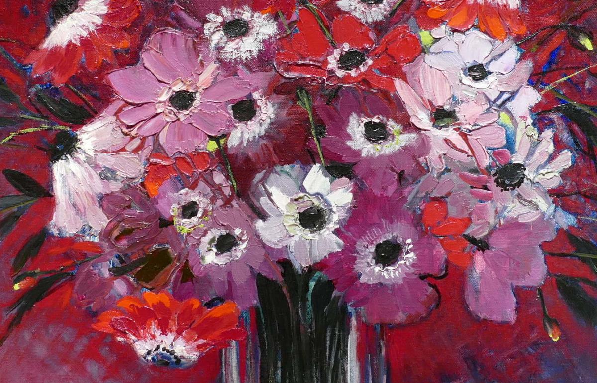Michel Henry Painting 20th Century Anemones Of France Oil On Canvas Signed Modern Art-photo-1