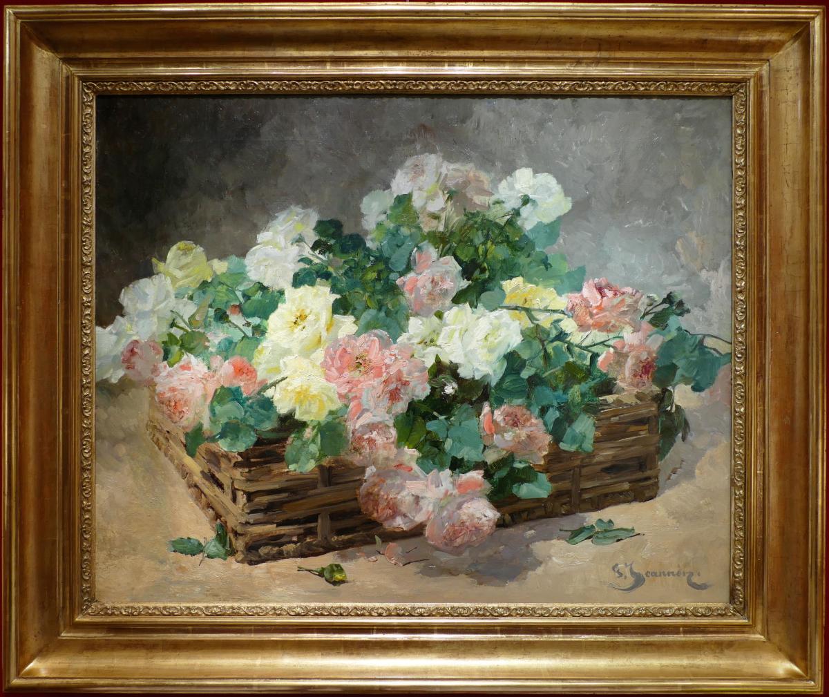 Jeannin Georges French Painting 19th Century Basket Of Roses Oil On Canvas Signed