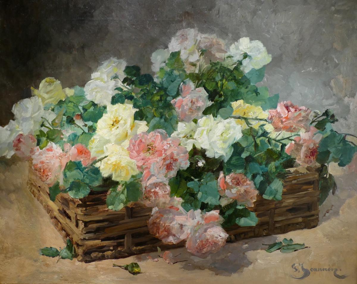 Jeannin Georges French Painting 19th Century Basket Of Roses Oil On Canvas Signed-photo-2