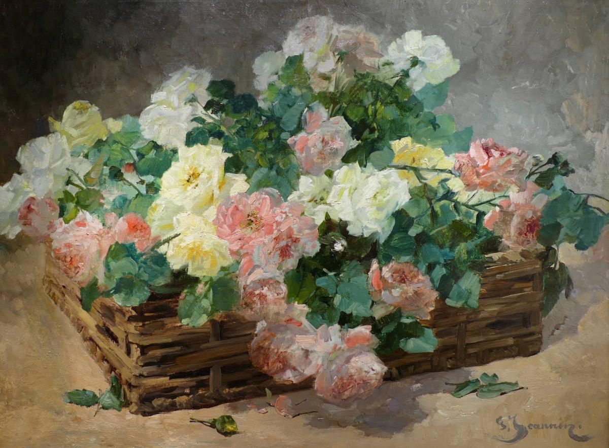 Jeannin Georges French Painting 19th Century Basket Of Roses Oil On Canvas Signed-photo-3