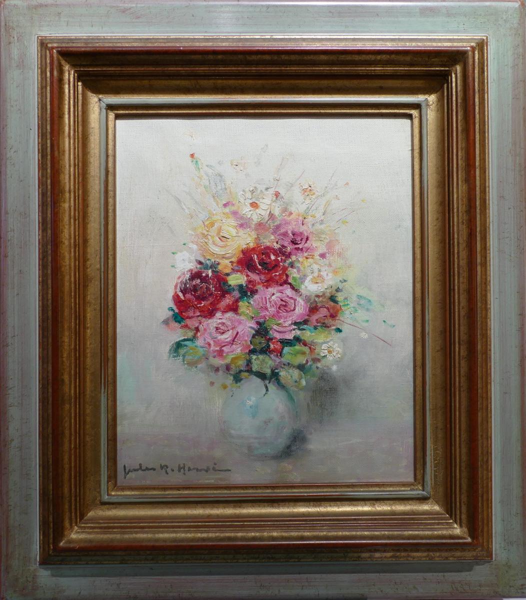 Herve Jules René Painting 20th Century Bunch Of Flowers Oil On Canvas Signed