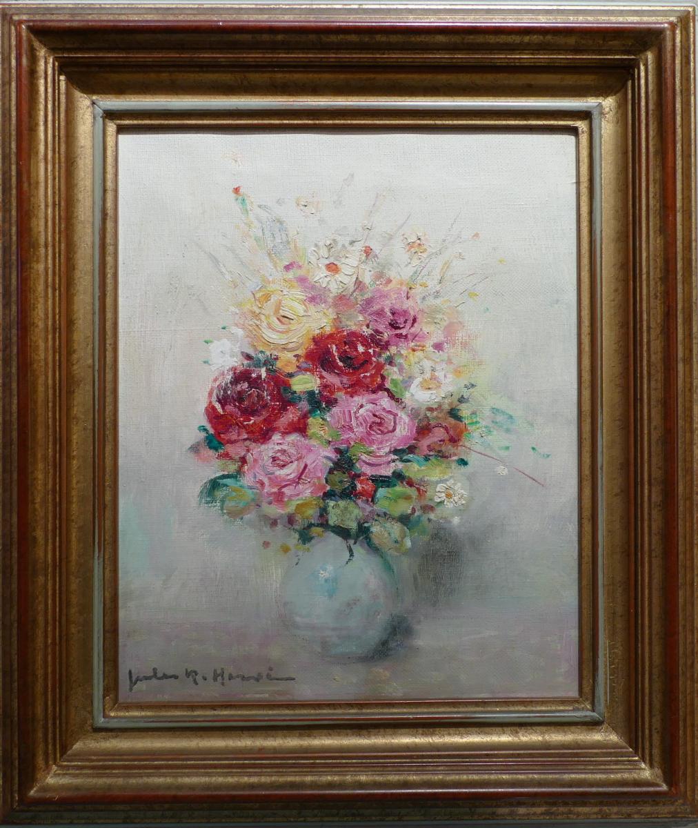 Herve Jules René Painting 20th Century Bunch Of Flowers Oil On Canvas Signed-photo-3