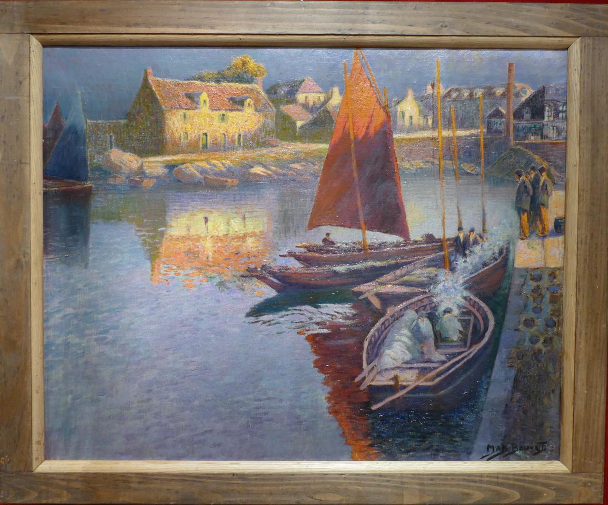 Max Bouvet Painting French Marine 20th Century Small Port Breton Oil On Panel Signed-photo-6