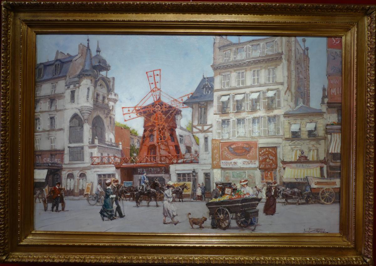 Leon Zeytline Ecole Russe 20è Siècle Vue De Paris Le Moulin Rouge Huile Sur Toile Signée