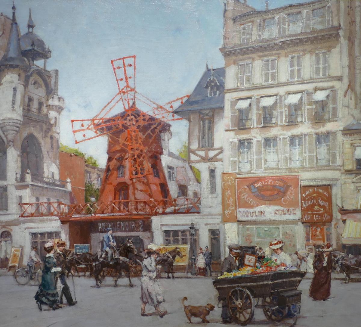 Leon Zeytline Russian School 20th Century View Of Paris The Moulin Rouge Oil On Canvas Signed-photo-1
