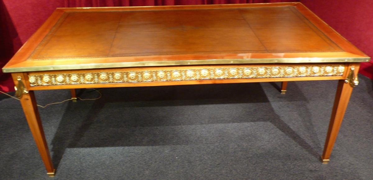 Bureau Plat Ancien d'Epoque Louis XVI En Acajou Blond Trois Tiroirs 18ème Siècle-photo-6