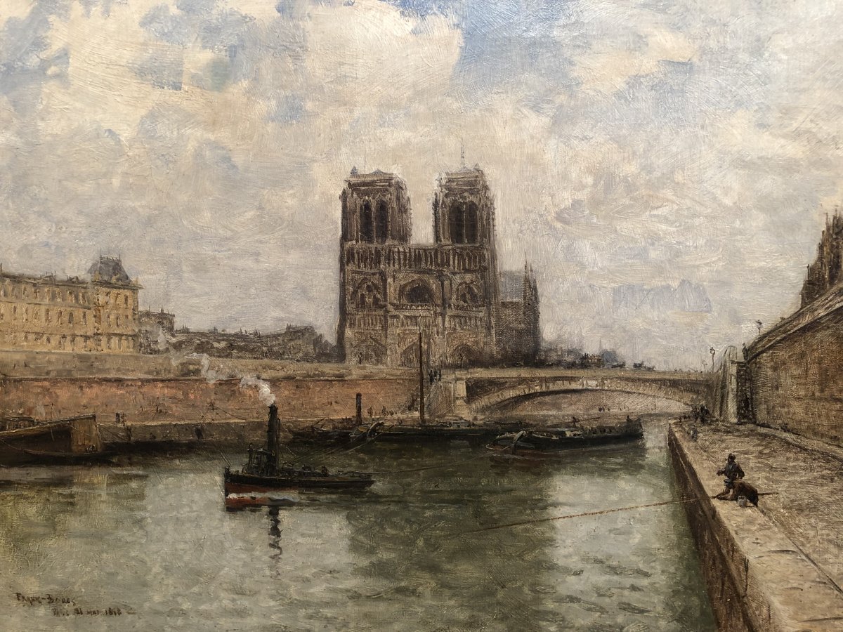 Frank Boggs Ecole Américaine 19è Paris Notre Dame La Seine Huile Sur Toile Signée Datée Située-photo-2