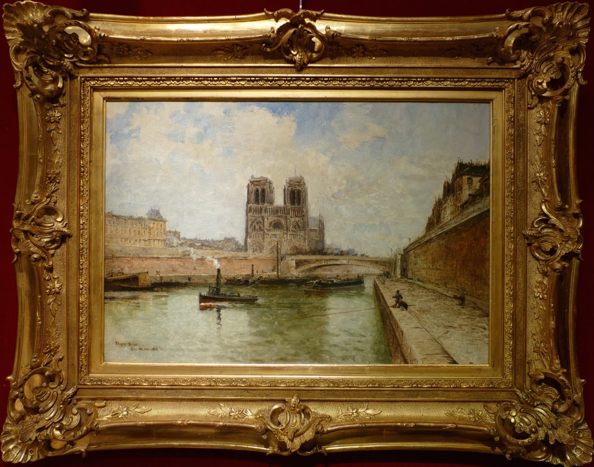 Frank Boggs Ecole Américaine 19è Paris Notre Dame La Seine Huile Sur Toile Signée Datée Située