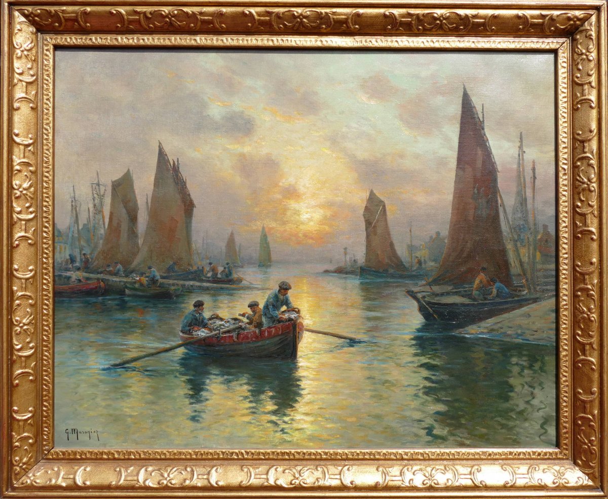 Maroniez Georges French Painting End XIXth The Return Of The Fishermen Oil On Canvas Signed-photo-6