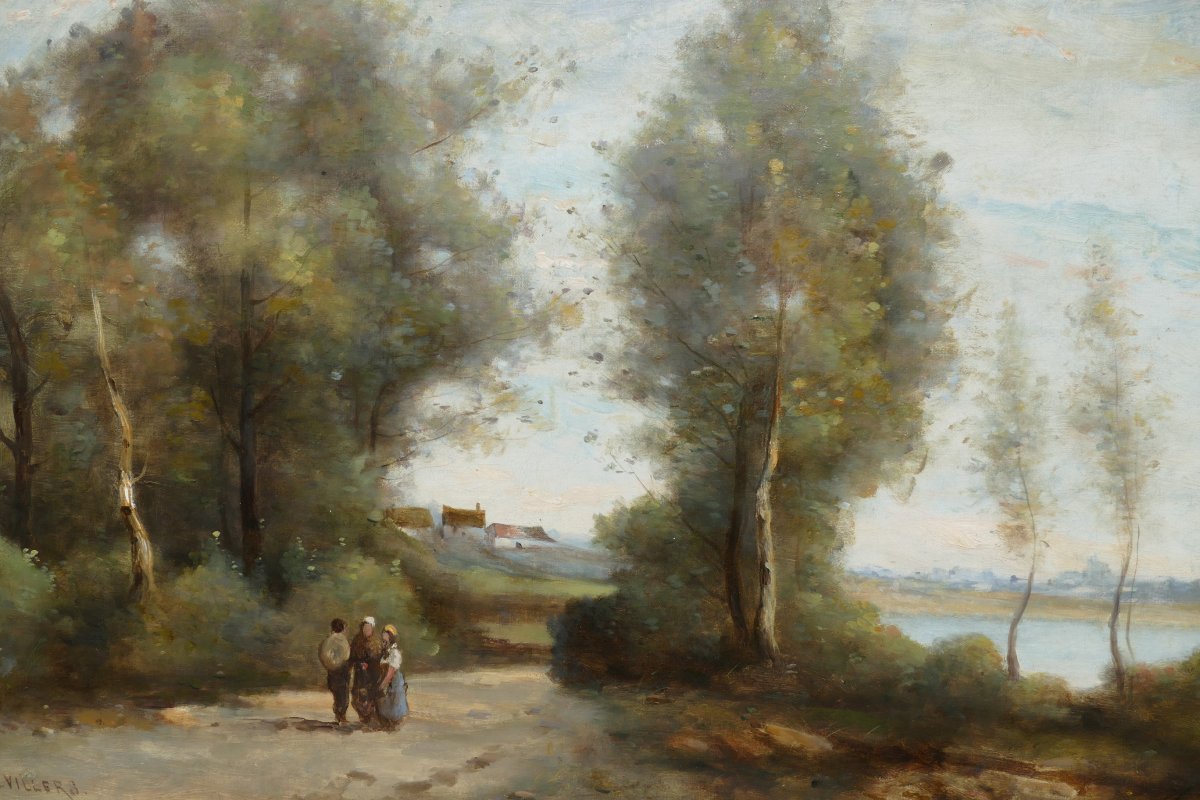 De Villers Adolphe Ecole Française Promenade Le Long De La Rivière Huile Sur Toile Signée-photo-5