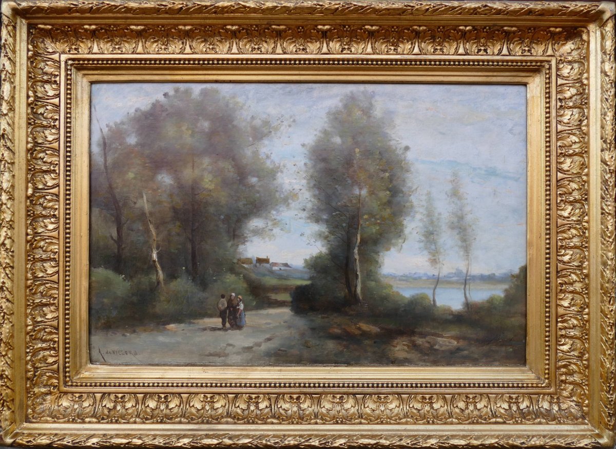 De Villers Adolphe French School Walk Along The River Oil On Canvas Signed