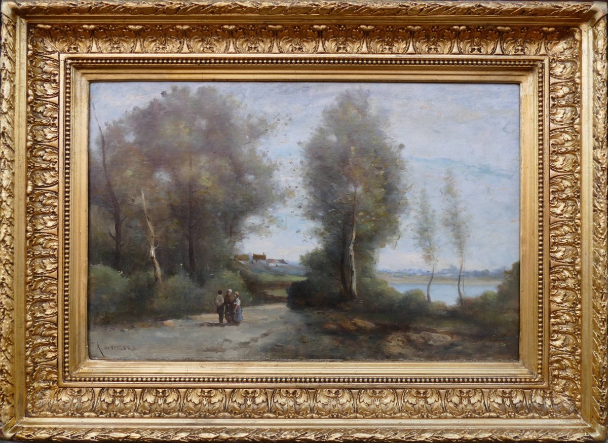 De Villers Adolphe Ecole Française Promenade Le Long De La Rivière Huile Sur Toile Signée