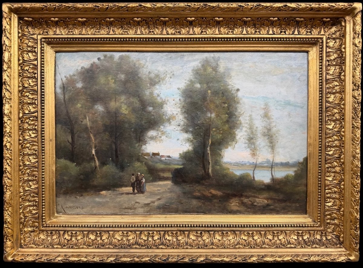 De Villers Adolphe French School Walk Along The River Oil On Canvas Signed