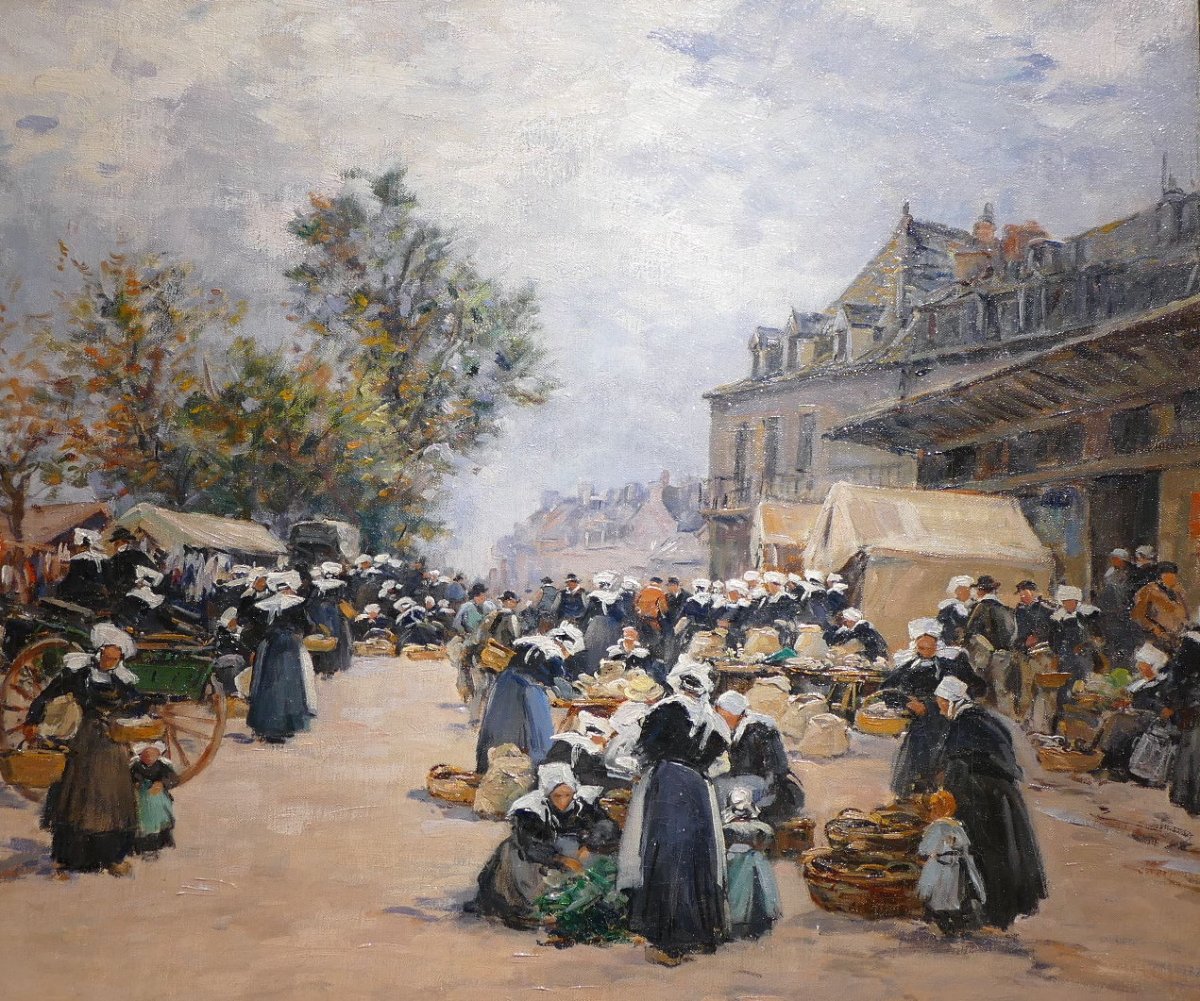 Legout Gerard French School Painting Breton XIXth Market In Concarneau Oil Canvas Signed-photo-1