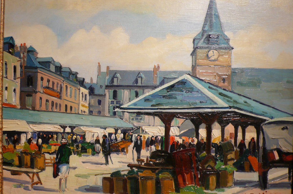 Louis Vigon Painting 20th School Of Rouen Place Of The Market Villers Sur Mer Oil Canvas Signed-photo-2