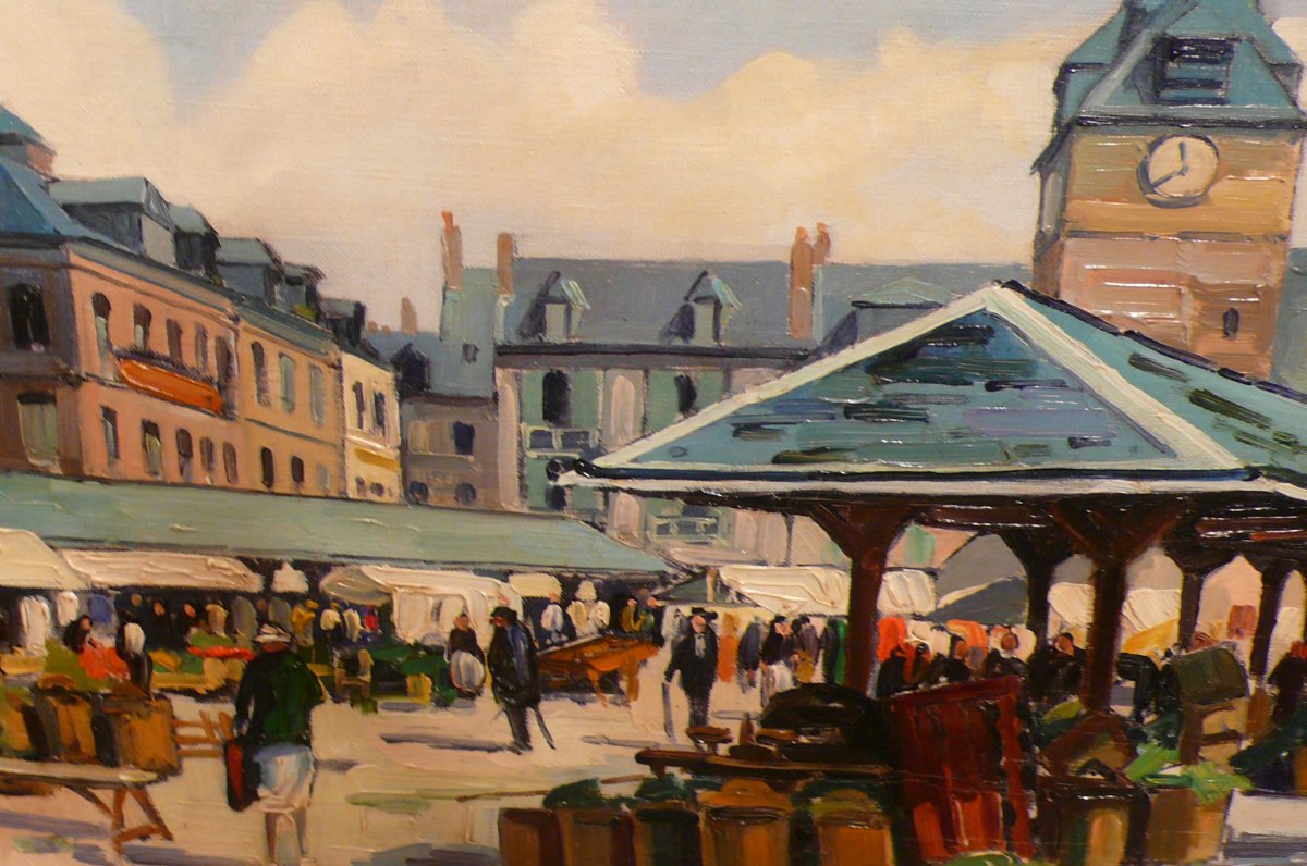 Louis Vigon Painting 20th School Of Rouen Place Of The Market Villers Sur Mer Oil Canvas Signed-photo-1