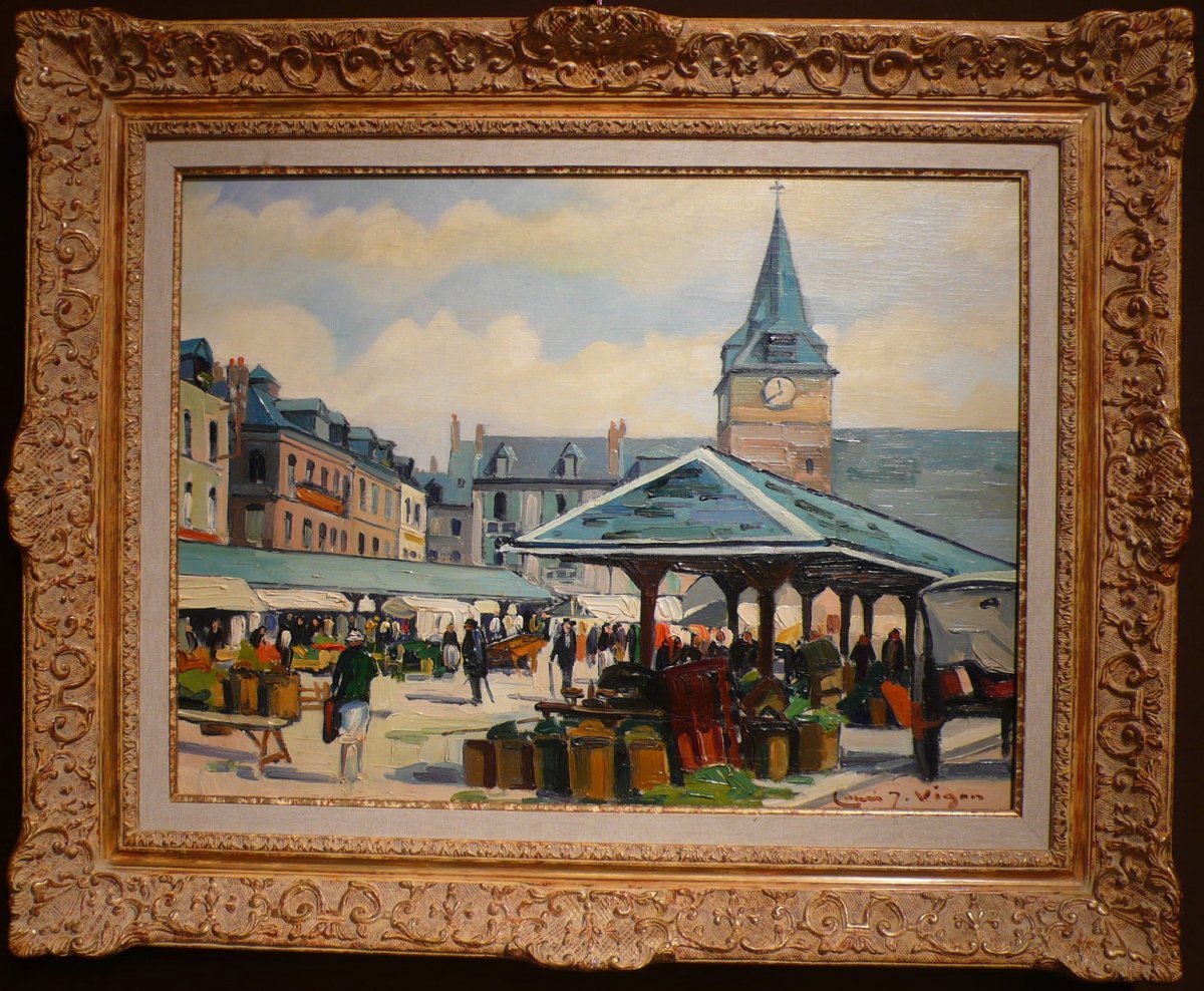 Louis Vigon Painting 20th School Of Rouen Place Of The Market Villers Sur Mer Oil Canvas Signed