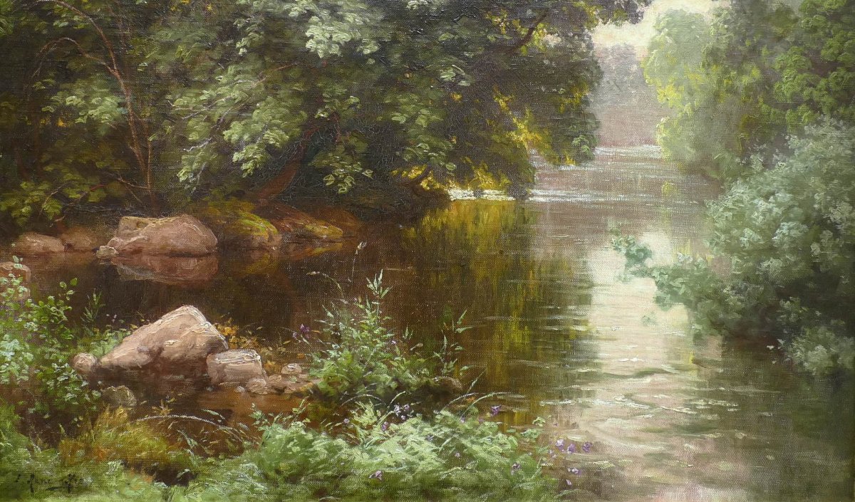 His René French Painting Early 20th Century River In The Wood Oil On Canvas Signed-photo-2