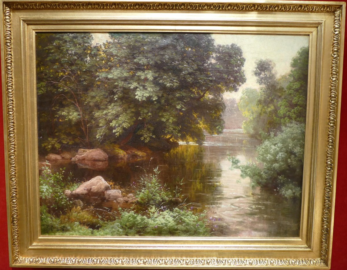 His René French Painting Early 20th Century River In The Wood Oil On Canvas Signed