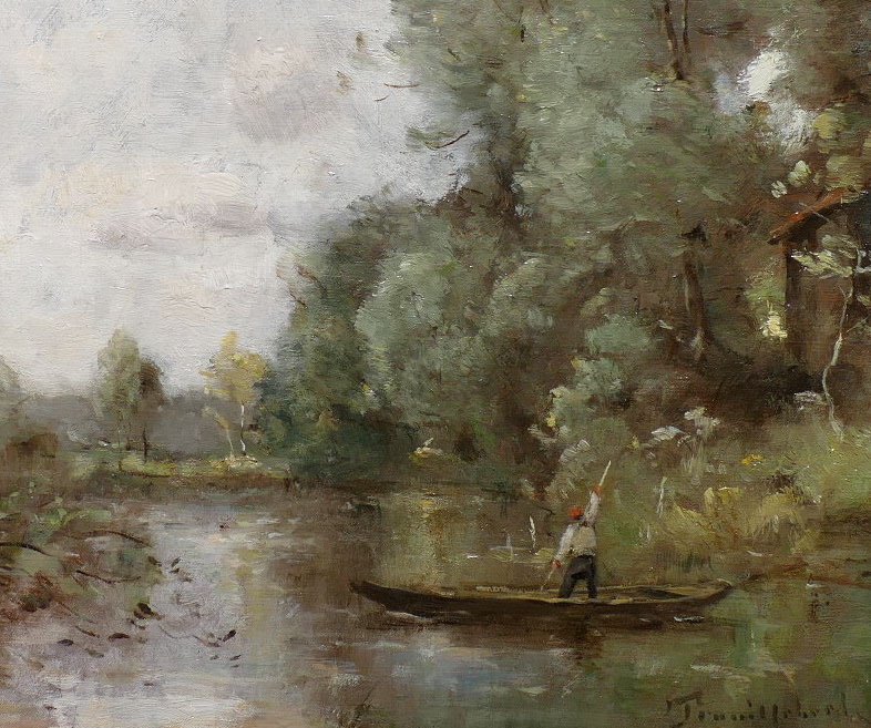 Trouillebert Paul Desire Painting 19th Barbizon School Fisherman In His Boat Oil Canvas Signed-photo-4